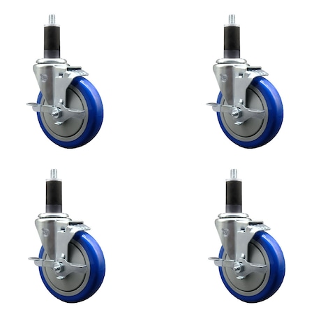Service Caster 5'' Blue Poly Swivel 1-1/4'' Expanding Stem Caster Set with Brake, 4PK SCC-EX20S514-PPUB-BLUE-TLB-114-4